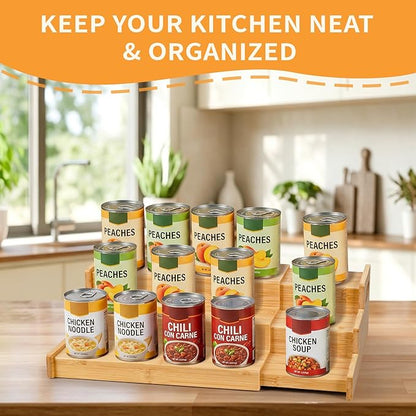 Expandable Bamboo Can Rack Organizer, 3 Tier Canned Food Storage Holder for Pantry, Adjustable Pantry Soda Can Organizer Shelf for Kitchen Spice, Countertop, Cat Food, Cabinet Storage Hold for 24 Cans