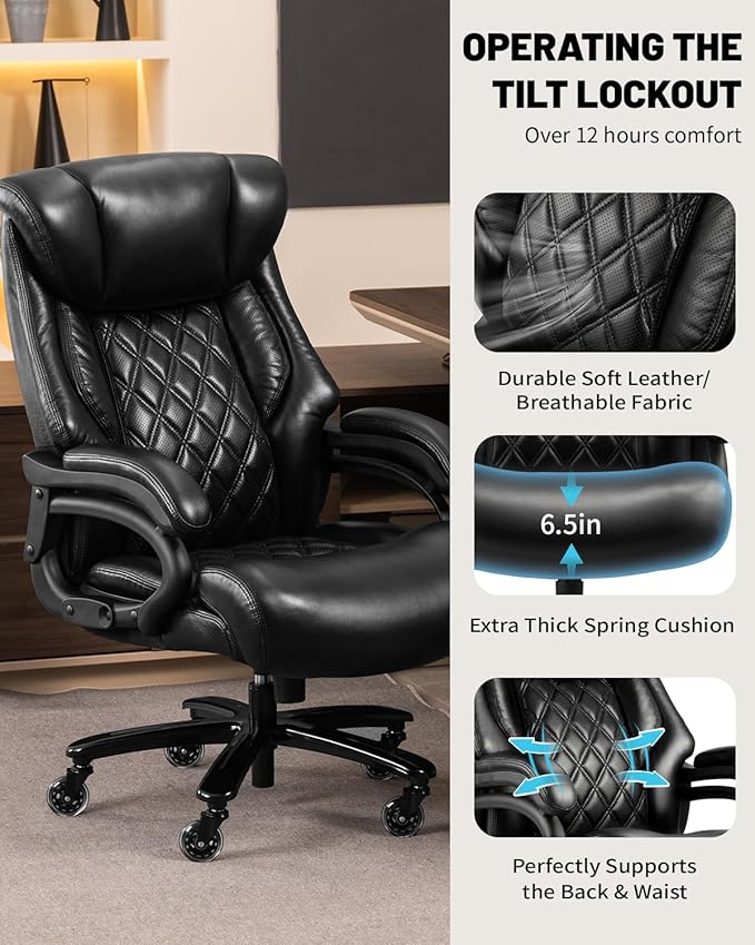 800lbs Executive Chairs, Executive Office Chairs for Big and Tall with Adjustable Lumbar Support, Office Chair for Heavy People, Leather Desk Chairs with Quiet Rubber Wheel and Extra Wide seat