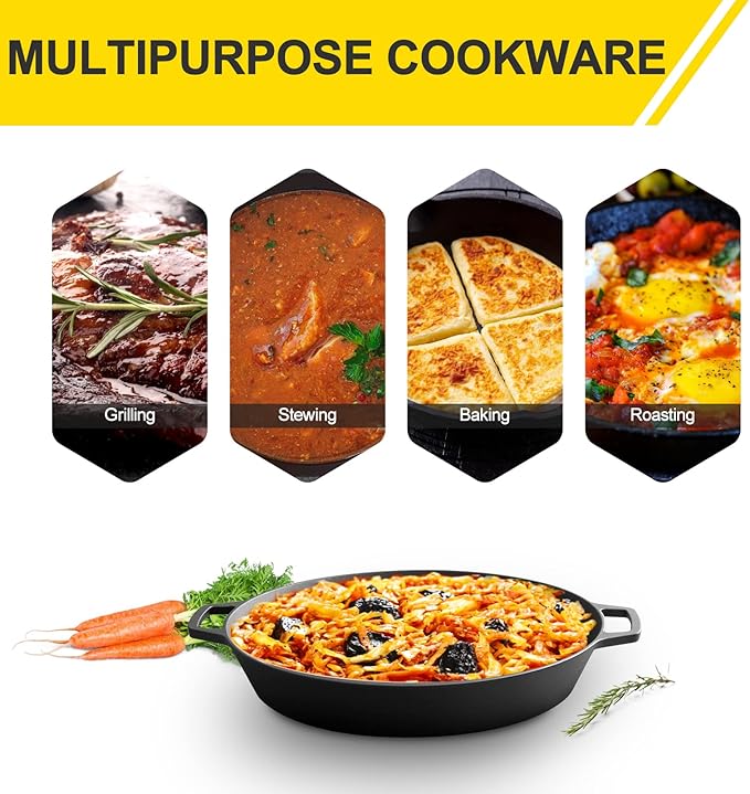 Pre-Seasoned Large Cast Iron Skillet 17 Inch, Dual Handle Outdoor Camping Frying Pan, Pizza Pan, Use for Grill, Stovetop, Induction, Oven Safe Cookware