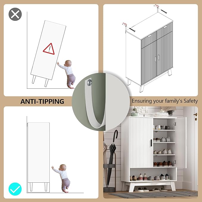 Shoe Cabinet Storage for Entryway, 5 Tier Fluted Shoe Storage Cabinet with Wooden Legs, Narrow Hidden Shoe Organizer with Adjustable Shelves, Freestanding Shoe Rack for Entryway, Hallway, White