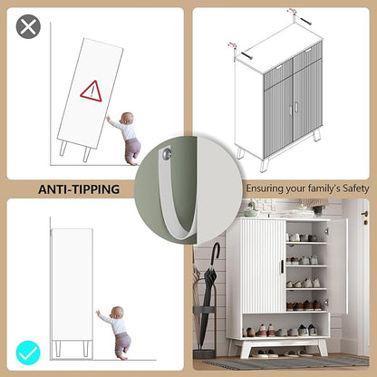 Shoe Cabinet Storage for Entryway, 5 Tier Fluted Shoe Storage Cabinet with Wooden Legs, Narrow Hidden Shoe Organizer with Adjustable Shelves, Freestanding Shoe Rack for Entryway, Hallway, White