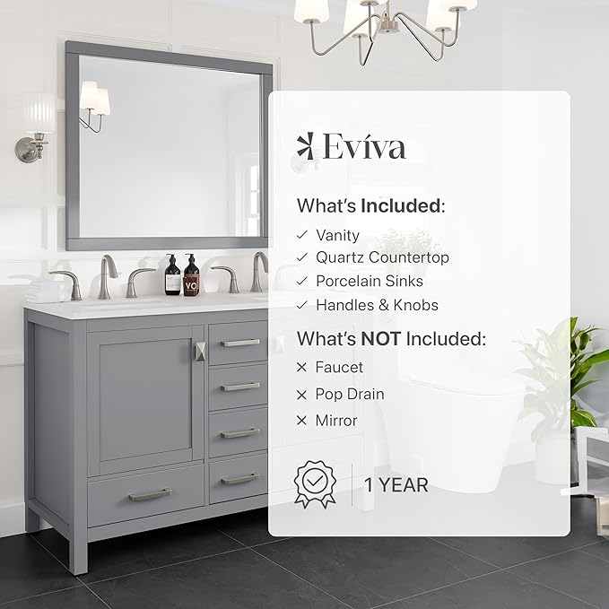 Eviva Aberdeen 48 Inch Bath Vanity with Sink- Gray Bathroom Vanity with Carrara Quartz Top