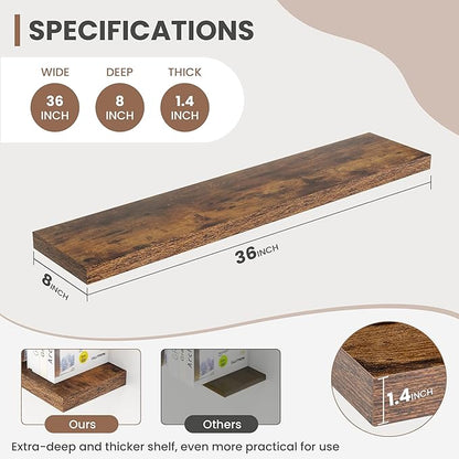 Acovy 36 Inch Floating Shelves, 8 Inch Deep Floating Shelves for Wall, Hanging Shelf with Invisible Brackets, Deep Shelves for Bathroom, Bedroom, Living Room, Brown, Set of 2