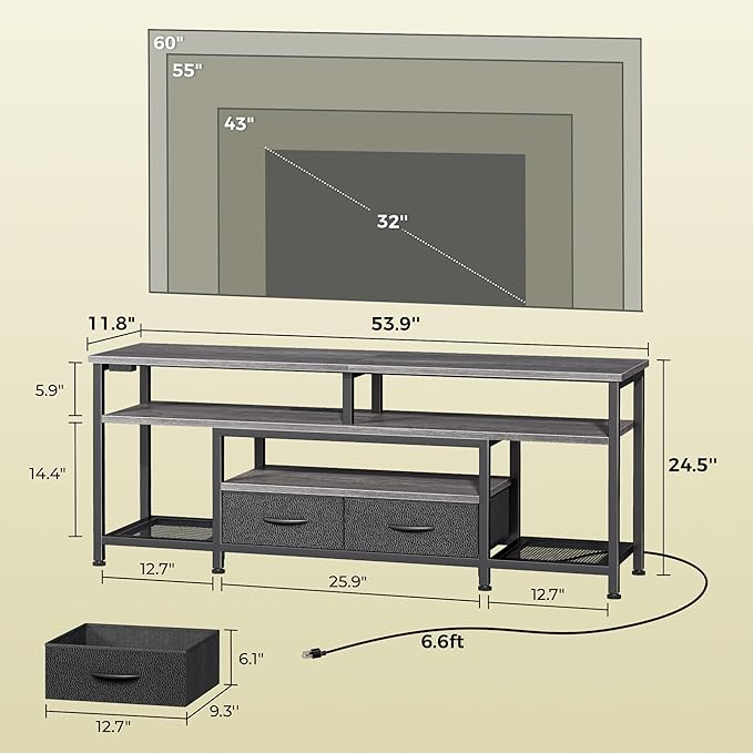 Huuger TV Stand for 55 60 Inch TV, Entertainment Center with Power Outlets and LED Lights, 54 Inch TV Console for Living Room, Media Console with Drawers and Shelves, Grey, 8778HC