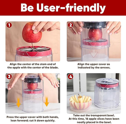OOKUU Extra-Large Apple Slicer & Corer – 16-Blade Heavy Duty Stainless Steel Apple Cutter, Safe & Quick Apple Divider for Apples, Pears & More, with Clear Catch Bowl