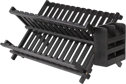 happimess DSH2000C Arlen Farmhouse Bamboo Foldable 2-Tier Dish Drying Rack with Detachable Utensil Holder, Black