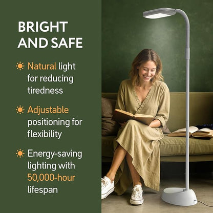 Natural Daylight LED Floor Lamp - 15W LED Craft Light Floor Standing for Reading, Crafting, Sewing - Full Spectrum Bright Sunlight - Adjustable Gooseneck - Task Lamps for Living Room, Bedroom, Office