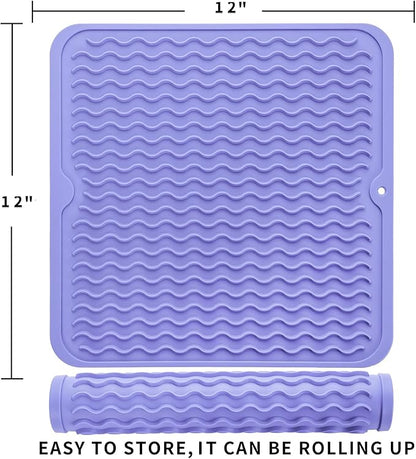Silicone Dish Drying Mat for Multiple Usage,Easy clean,Eco-friendly,Heat-resistant Silicone Mat for Kitchen Counter or Sink,Refrigerator or Drawer liner Light Purple M 12 inches x 12 inches