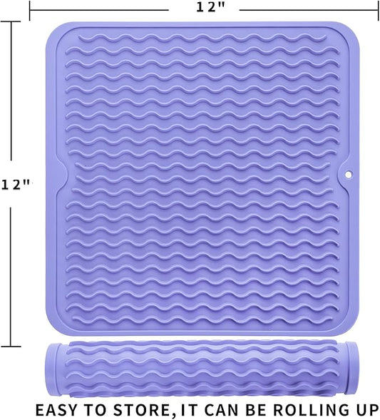 Silicone Dish Drying Mat for Multiple Usage,Easy clean,Eco-friendly,Heat-resistant Silicone Mat for Kitchen Counter or Sink,Refrigerator or Drawer liner Light Purple M 12 inches x 12 inches