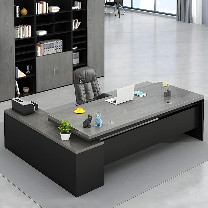 LITFAD Modern L-Shape Office Desk with Wood Base Executive Desks Boss Table Computer Desk Home Office Furniture with Drawers and Storage Shelves - Without Chairs, Gray 78.7" L x 31.5" W x 29.5" H