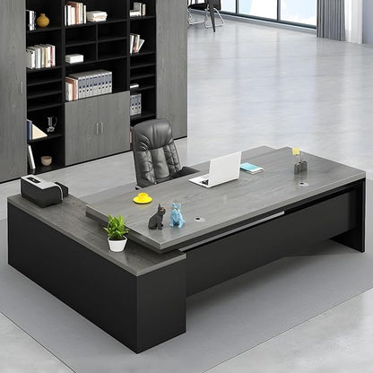 LITFAD Modern L-Shape Office Desk with Wood Base Executive Desks Boss Table Computer Desk Home Office Furniture with Drawers and Storage Shelves - Without Chairs, Gray 78.7" L x 31.5" W x 29.5" H