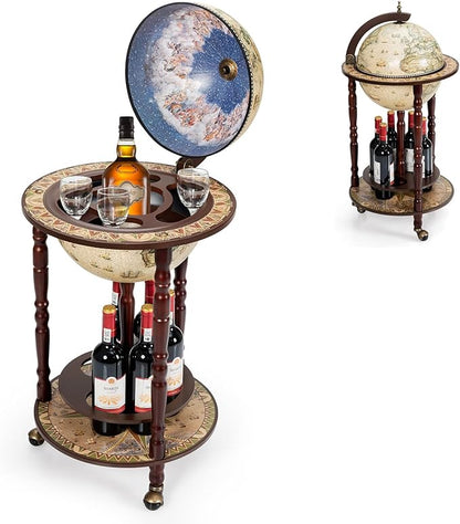 LDAILY 17.5’’ Wood Globe Bar, 16th Century Italian Replica Vintage Bar Cart with Wheels, Alcohol Cabinet with Liquor Storage, Bottom Shelf & Old World Map, Round Bar Cart for Home (Creamy White)