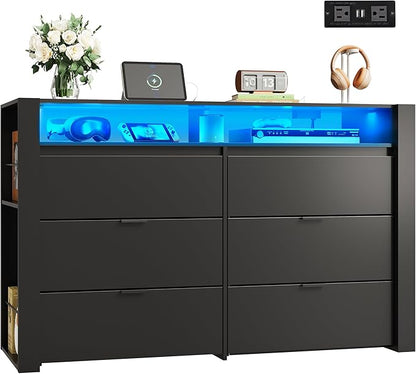 WLIVE 6 Drawer Led Dresser for Bedroom, 51" Black Wood Dresser Storage Organizer with Charging Station for 55" TV, Dressers with Open Shelves, Hanging Rack, Chest of Drawers for Closet, Living Room