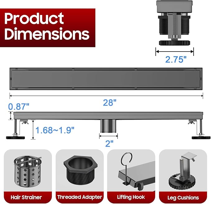 DLONE Linear Shower Drain | 28" AISI 304 Stainless Steel Linear Drain, Gun Gray Shower Drain with Tile Insert Panel & Adjustable Feet, Rectangle Shower Floor Drain in Bathroom, Balcony, etc