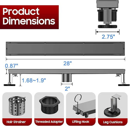 DLONE Linear Shower Drain | 28" AISI 304 Stainless Steel Linear Drain, Gun Gray Shower Drain with Tile Insert Panel & Adjustable Feet, Rectangle Shower Floor Drain in Bathroom, Balcony, etc