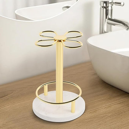 Toothbrush Holder Stand for Bathroom, Metal Toothbrush Organizer with Marble Base, Toothbrush Storage Collection for Family, Suitable for Home Hotel Countertop Vanity (Small, Gold)
