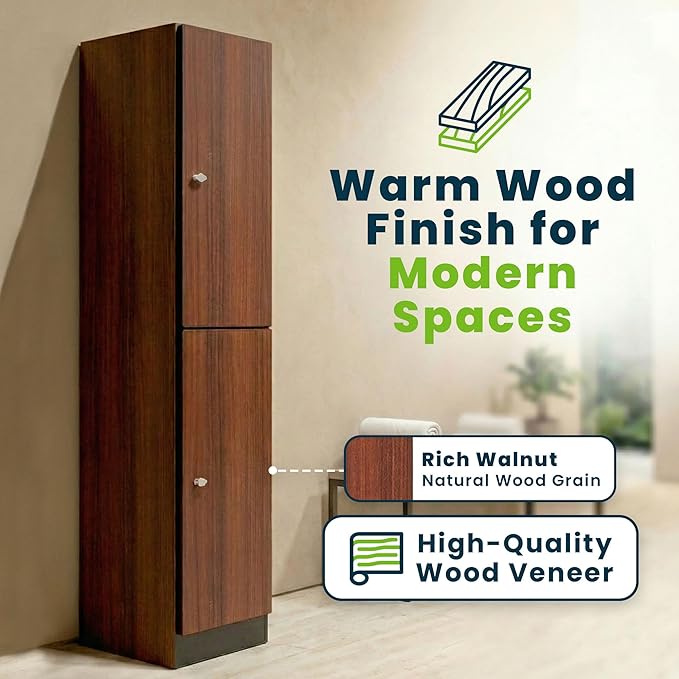 Alpine 2 Door Wooden Locker Cabinet - 72" Expandable Commercial Storage Lockers for Gym, Spa, Office & Golf Club - Includes Metal Base & Lock-Ready Handle, Single Column 2 Tier - Walnut