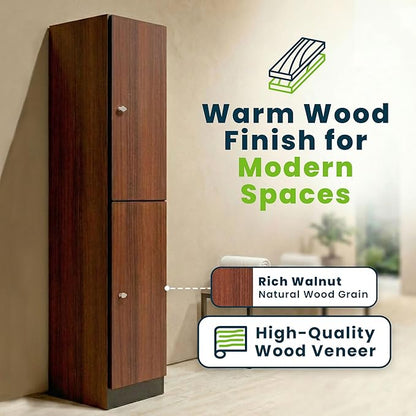 Alpine 2 Door Wooden Locker Cabinet - 72" Expandable Commercial Storage Lockers for Gym, Spa, Office & Golf Club - Includes Metal Base & Lock-Ready Handle, Single Column 2 Tier - Walnut