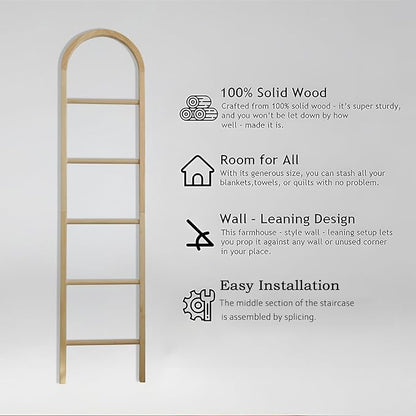 Wooden Blanket Ladder - Natural & Motley Wood - Leaning Wall Decor for Bedroom, Bathroom, Living Room - Rustic Quilt Holder & Towel Rack (Light Wood Color-Curved, 76in（5-Tier）)
