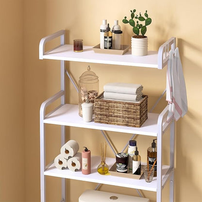 Huhote Over The Toilet Storage Rack with 3-Tier Bathroom Shelves, Space Saver Toilet Shelf, Bathroom Storage Organizer with Hooks for Over Toilet Storage and Shelf (White)