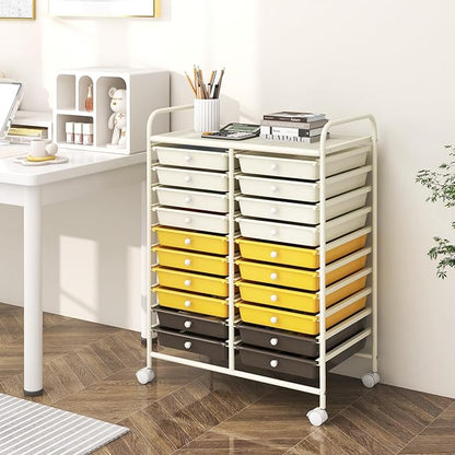 Happygrill 20-Drawer Organizer Cart Tools, Mobile Utility Storage Cart with Removable Drawers & Lockable Wheels, Rolling Storage Cart with wheels for Home Office School (Yellow, Beige & Grey)