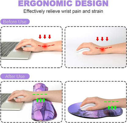 Ergonomic Mouse Pad with Wrist Rest and Keyboard Wrist Rest, Mousepad and Keyboard Pad, Non-Slip Rubber Base, Pain Relief, Mouse Pad Wrist Support for Gaming, Computer, Office, Home, Purple Beach