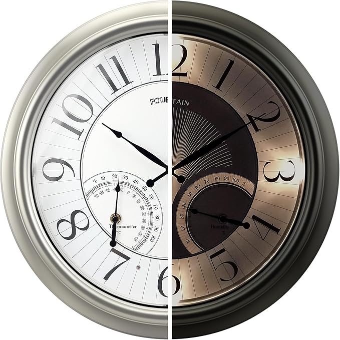 18" Illuminated in/Outdoor Clock with Smart Sensor and Night Light, Waterproof, Large Wall Clock with Thermometer & Hygrometer, for Garden,Pool and Patio Decor (Morning Silver)