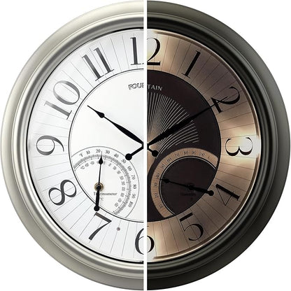 18" Illuminated in/Outdoor Clock with Smart Sensor and Night Light, Waterproof, Large Wall Clock with Thermometer & Hygrometer, for Garden,Pool and Patio Decor (Morning Silver)