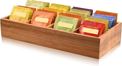 Acacia Wood Tea Bag Organizer with 8 Slots – Tea Bag Holder and Tea Organizer, Sugar Packet Storage for Countertops