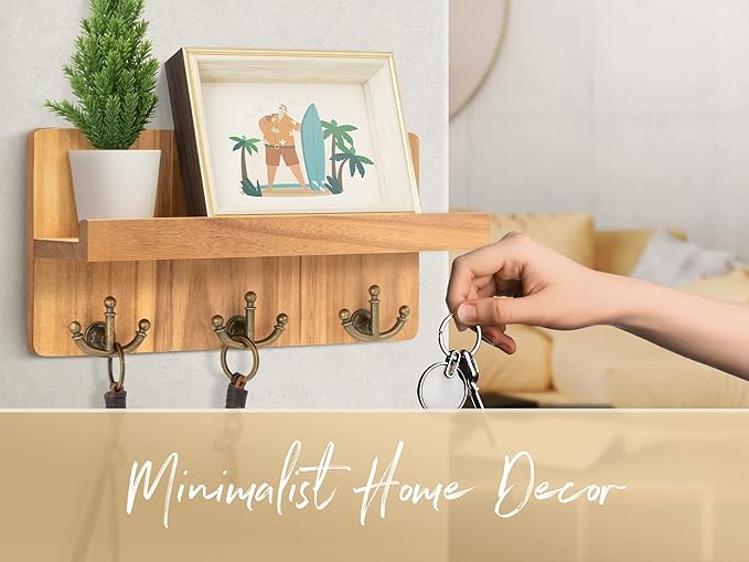 Rebee Vision Farmhouse Key Holder for Wall: Decorative Small Mail Organizer with Shelf and Rustic Mail Holder with 3 Anchor Key Hooks - Retro Home Decor Wall Mount for Entryway, Hallway (Light Brown)