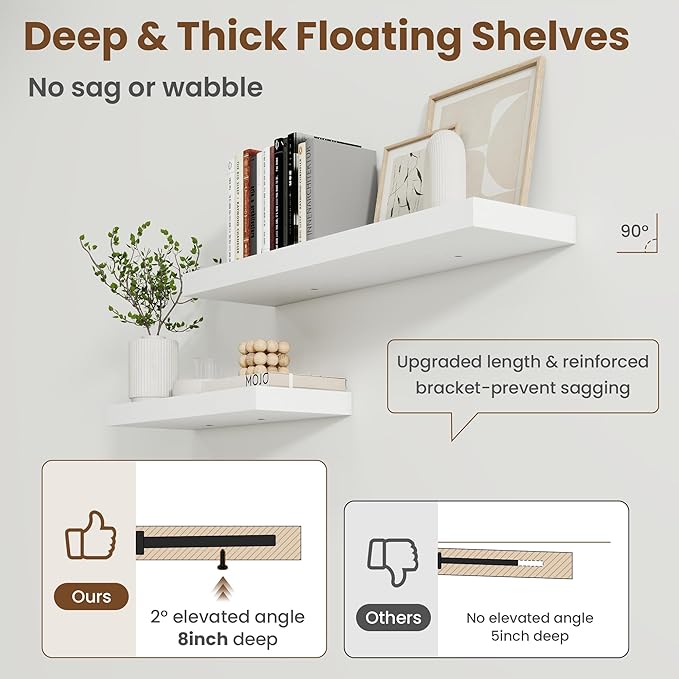 Axeman Square Floating Shelves for Wall, 8" W x 8" D x 1.4" H Rustic Wooden Shelves, 4 Pack Wall Mounted Floating Shelf with Invisible Brackets for Living Room, Bathroom, Kitchen, White Color