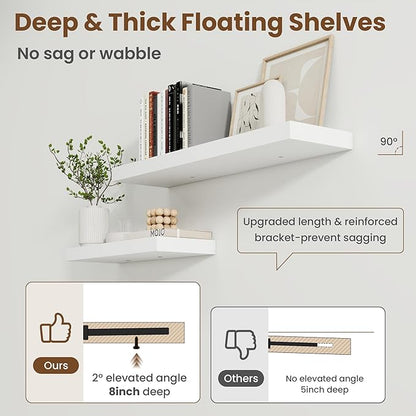 55 Inch Floating Shelves for Wall, 8 Inch Deep Floating Shelf for Storage & Display, Rustic Wall Mounted Shelf with Invisible Brackets for Living Room, Kitchen, Bathroom, Home Decor, Set of 2, White