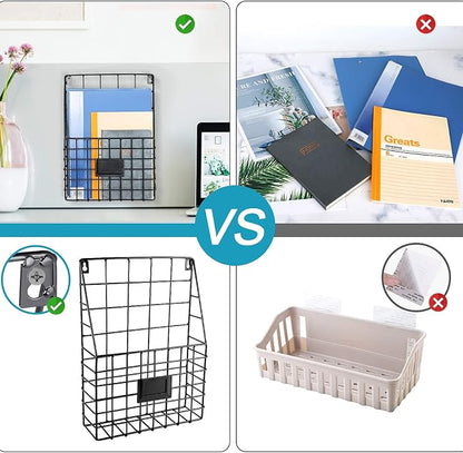 Storage Racks, Metal Wire Wall Mounted Magazine Holder, Wall Hanging Organizer holder for Files, Newspapers, Magazines with Tag Slot for Office, Home Organization, Black
