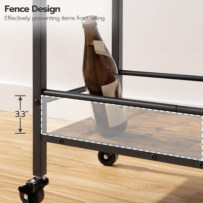 HOOBRO Bar Cart, 3-Tier Coffee Cart with Wheels, Kitchen Cart, Wine Cart with Wine Rack and Glass Holder, Rolling Serving Cart for Home, Living Room, Party, Bar, Rustic Brown and Black BF35TC01G1