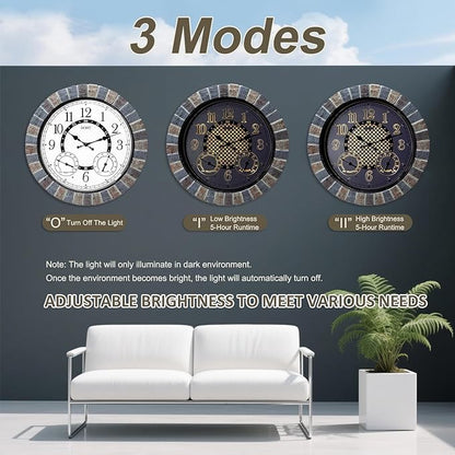 OCEST 18 Inch Large Outdoor Clock Waterproof Thermometer Hygrometer Combo Night Light Illuminated Wall Clocks Battery Operated Silent Non-Ticking Ideal Patio Clock for Garden Pool Porch Yard Garage