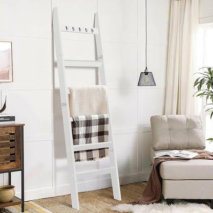 TEAKMAMA 6-Tier Blanket Ladder for Living Room and Bedroom,5.4 Ft Wall Leaning Quilt Rack with Hooks,Rustic Decorative Farmhouse Blanket Storage,Stylish Ladder Holder,Easy to Assemble,White