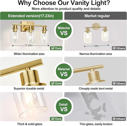 3-Light Bathroom Light Fixtures, Vanity Light with Clear Glass Shades, Brushed Gold Bathroom Light Fixtures Over Mirror, Modern Bathroom Wall Lamp for Mirror Living Room Cabinet Bedroom