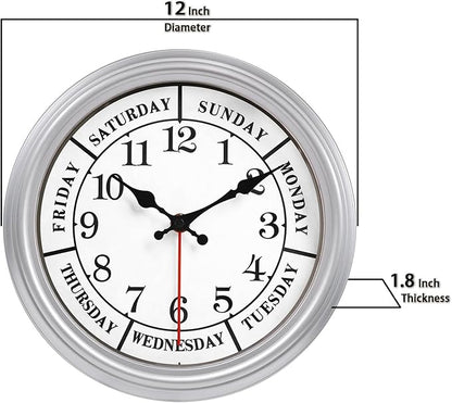 JENLYSTIME 12 Inch Retro Wall Clock,Classic Day of The Week Wall Clock,Silent Non Ticking Battery Operated Movement(Silver)