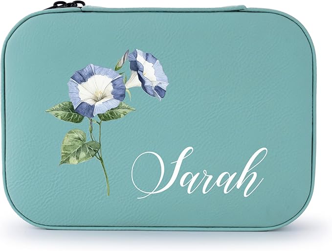 Custom Leather Jewelry Box with Name & Birth Flower Month, Birthday Gifts for Women, Personalized Jewelry Travel Case - Customized Jewelry Organizer Box, Mom Birthday Gifts, Lime