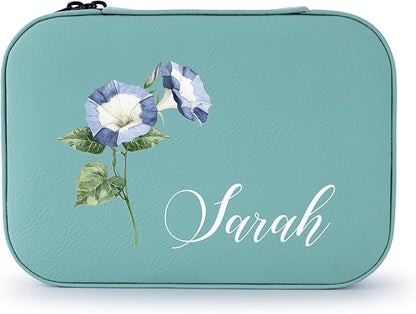 Custom Leather Jewelry Box with Name & Birth Flower Month, Birthday Gifts for Women, Personalized Jewelry Travel Case - Customized Jewelry Organizer Box, Mom Birthday Gifts, Lime