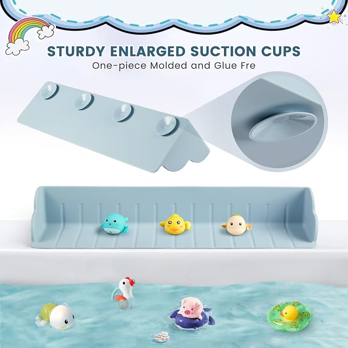 Bathtub Splash Guard for Tub, Silicone Bathtub Caddy Tray with Play Shelf, Kids Bath Tub Shelf and Organizer for Baby Bath Toys, Bath Toy Holder, Toddler Bathtub Accessories(Classic Blue)