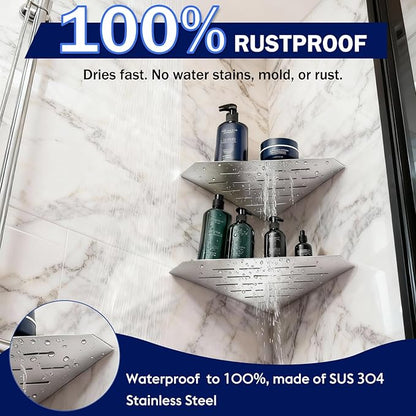 10" Corner Shower Shelf 2 Pcs Brushed 304 Stainless Steel Diamond Heavy Duty Floating Corner Shelves Slot Design Recessed Bathroom Shower Shelf for 90° Tiled Wall, No Drilling Needed