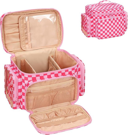 Bagmoly Large Checkered Makeup Bag, Travel Makeup Bag Organizer for Women Girls with Makeup Brush Compartment & Two Side Pockets, Cosmetic Travel Bag Vertical Storage Toiletry Bag- Hotpink
