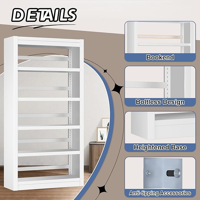 5-Tier Metal Bookshelf, 61" Tall White Bookcase with Adjustable Shelves, Heavy Duty Deep Book Shelves, Display Storage Shelving for Living Room, Home Office, Library, Bedroom