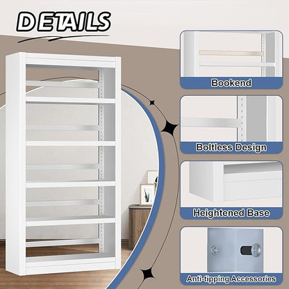 5-Tier Metal Bookshelf, 61" Tall White Bookcase with Adjustable Shelves, Heavy Duty Deep Book Shelves, Display Storage Shelving for Living Room, Home Office, Library, Bedroom