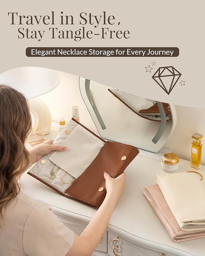 Lolalet Travel Necklace Organizer, Tangle-Free Necklace Case for Travel, Foldable Roll Up Jewelry Storage Bag for Necklaces Chains Bracelets, Caramel, 12 Slots Holder