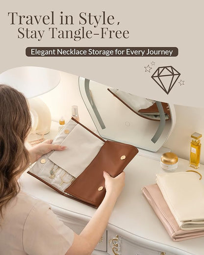 Lolalet Travel Necklace Organizer, Tangle-Free Necklace Case for Travel, Foldable Roll Up Jewelry Storage Bag for Necklaces Chains Bracelets, Caramel, 12 Slots Holder
