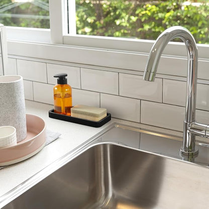 ALELION 8" Bathroom Vanity Tray for Counter - Wood Tray for Dresser Tops Perfume Jewelry Candle Key Catchall - Black Kitchen Countertop Organizer for Soap Dispenser and Sponge Holder