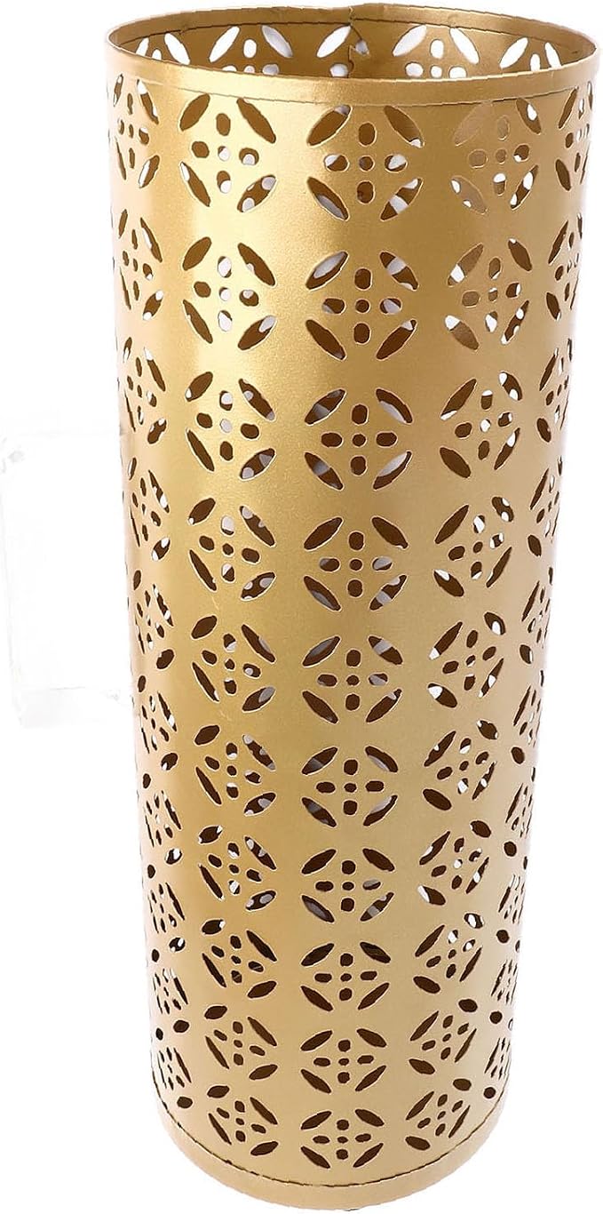 Zerodis Large Round Hollow Design Metal Umbrella Holder, Stylish Gold Finish Steel Umbrella Stand for Entryway, Home Office, and Outdoor Use (L)