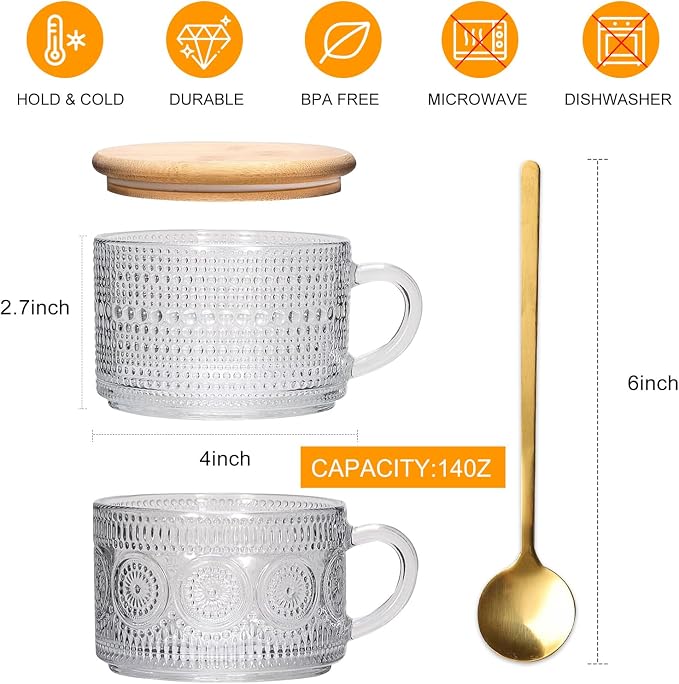 Vintage Coffee Mugs 4pcs Set, 14 Oz Glass Coffee Cups Gifts for Women, Overnight Oats containers with Bamboo Lids and Spoons,Clear Embossed Glass Cups,Cute Coffee Bar Accessories, Iced Coffee Glasses | Clear